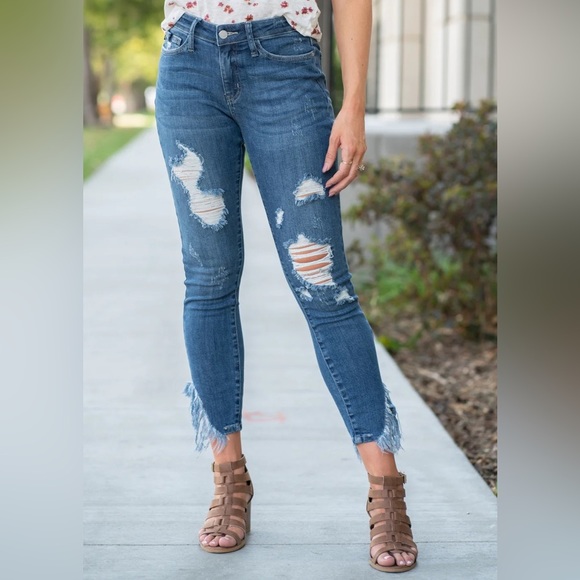Judy Blue Denim - NWT Judy Blue Mid-Rise Fringe Hem Distressed Skinny Ankle Crop Jeans